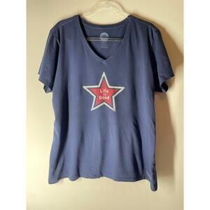 Life is Good July 4th Star Red White Navy Blue Crusher Tee V-neck Women's XL
